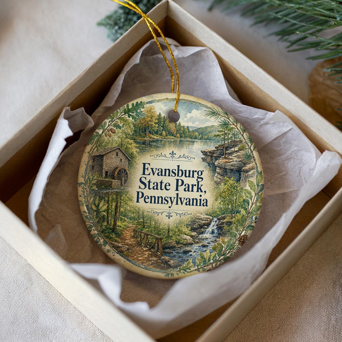 A decorative ornament in a box, featuring a scenic landscape with a house, trees, and a river.