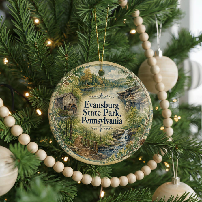 A round ornament hanging on a Christmas tree, featuring a scenic image of Pennsylvania State Park.