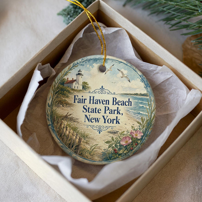 A decorative ornament in a box, featuring a lighthouse and a beach scene, with the text "Fair Haven Beach State Park, New York" on it.