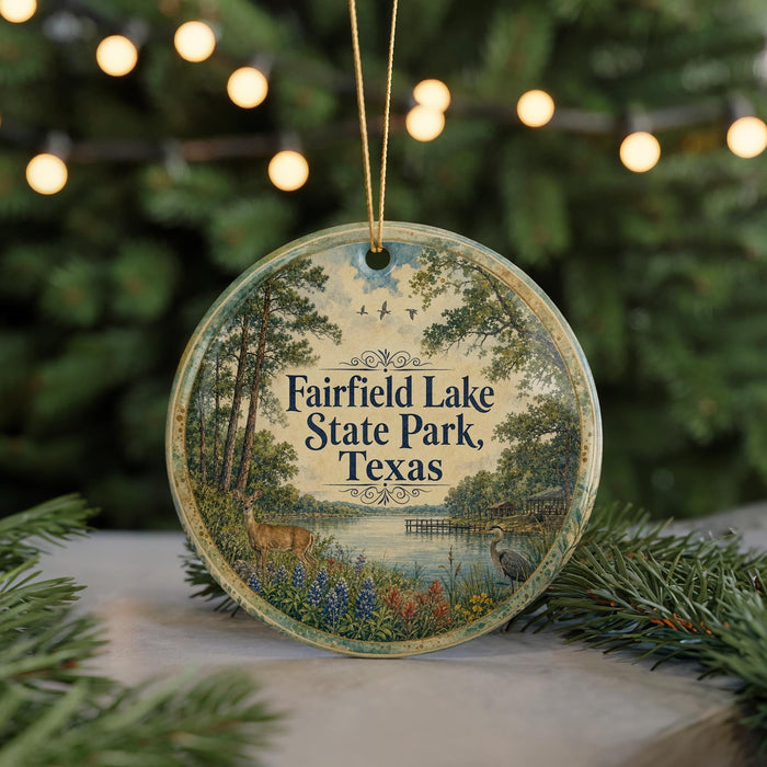 A round ornament with a scenic image of a lake and trees, featuring the text "Fairfield Lake State Park, Texas" on it.