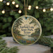 A round ornament with a scenic image of a lake and trees, featuring the text "Fairfield Lake State Park, Texas" on it.