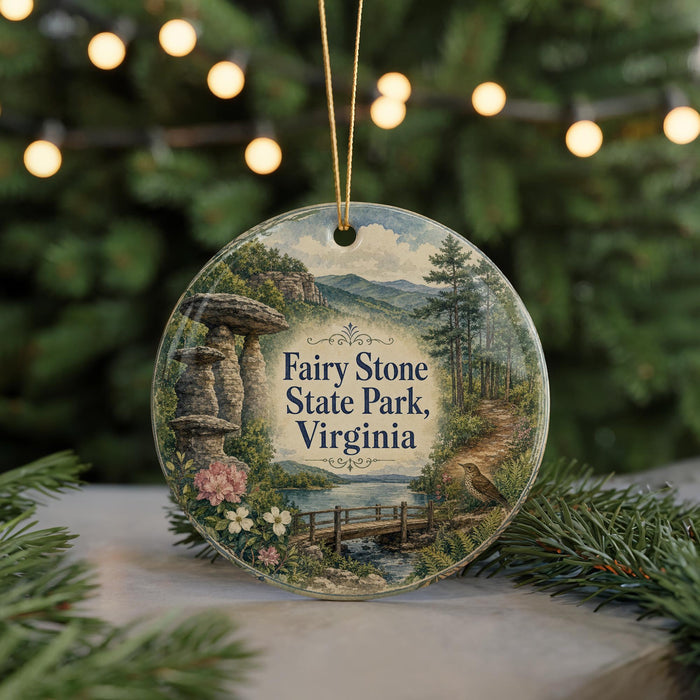 A round ornament featuring a scenic landscape of Fairy Stone State Park, Virginia, with a bridge, trees, and a bird in the foreground.