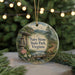 A round ornament featuring a scenic landscape of Fairy Stone State Park, Virginia, with a bridge, trees, and a bird in the foreground.