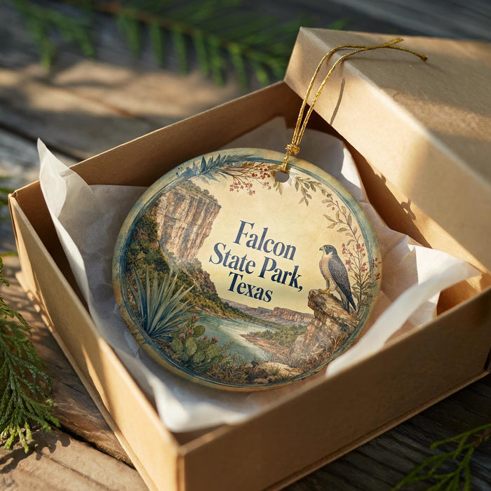 A decorative ornament in a box, featuring a bird and a landscape scene with a mountain backdrop.