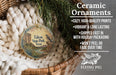 Ceramic ornaments, featuring a bird and a landscape, are displayed in a woven basket.