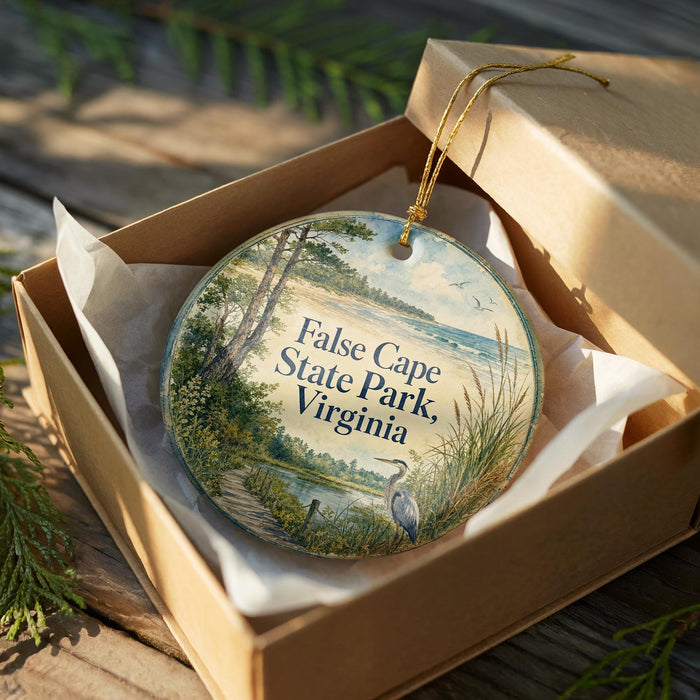 A decorative ornament in a brown box, featuring a scenic landscape with a bird and trees, with the text "False Cape State Park, Virginia" printed on it.