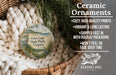 Ceramic ornaments, specifically a ceramic ornament with a design of a bird and a landscape, are displayed in a basket.