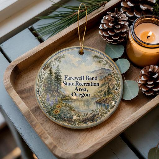 A wooden tray with a decorative ornament featuring a scenic landscape, pine cones, and a lit candle.
