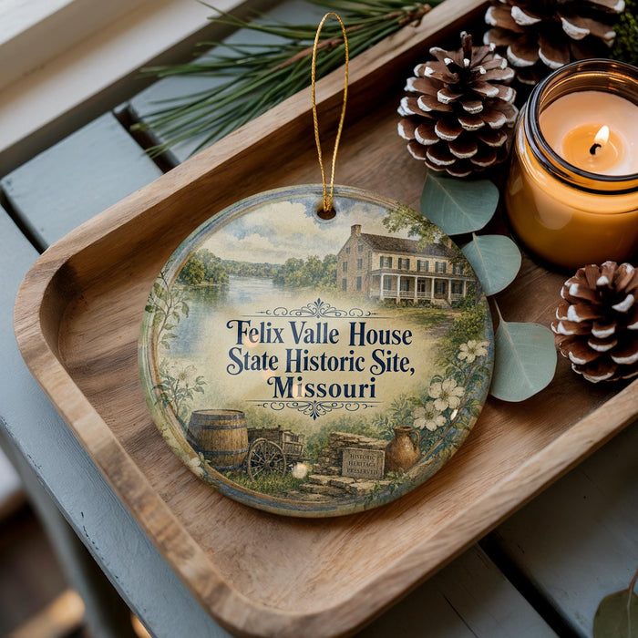 A decorative ornament featuring a house and a river, with the text "Felix Valle House State Historic Site, Missouri" displayed on it. The ornament is placed on a wooden tray, with pine cones and a candle nearby.