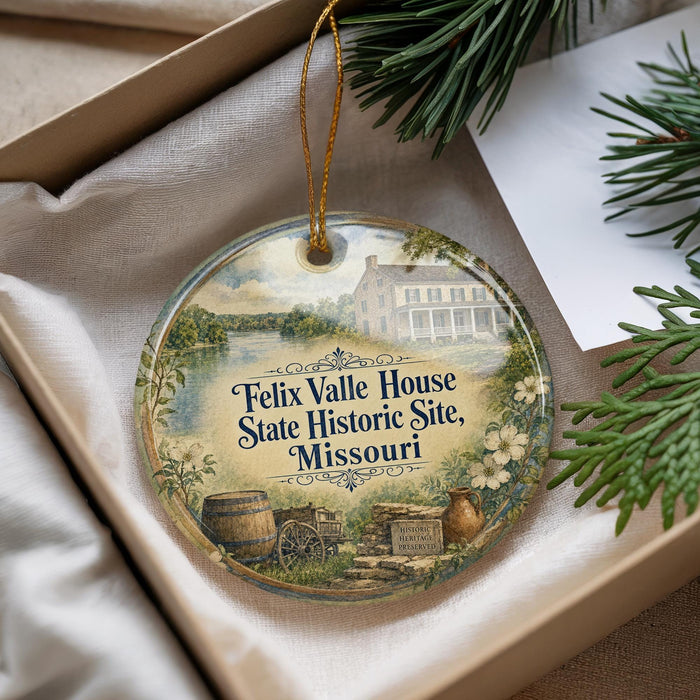 A decorative ornament with a painting of a historic house and a wagon, placed in a box with pine branches.