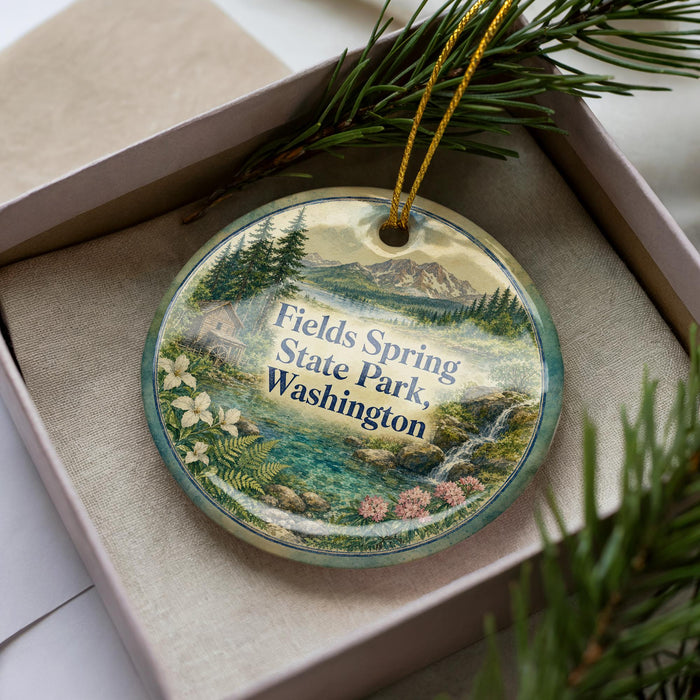 A decorative ornament with a landscape scene featuring a mountain, pine trees, and a stream, hanging from a string.