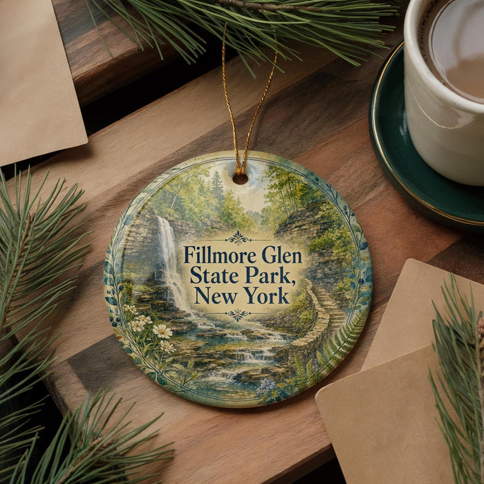 A decorative ornament featuring a scenic image of Fillmore Glen State Park, New York, with a waterfall and forest in the background. The ornament is hanging on a wooden surface, surrounded by pine branches and a cup of coffee.