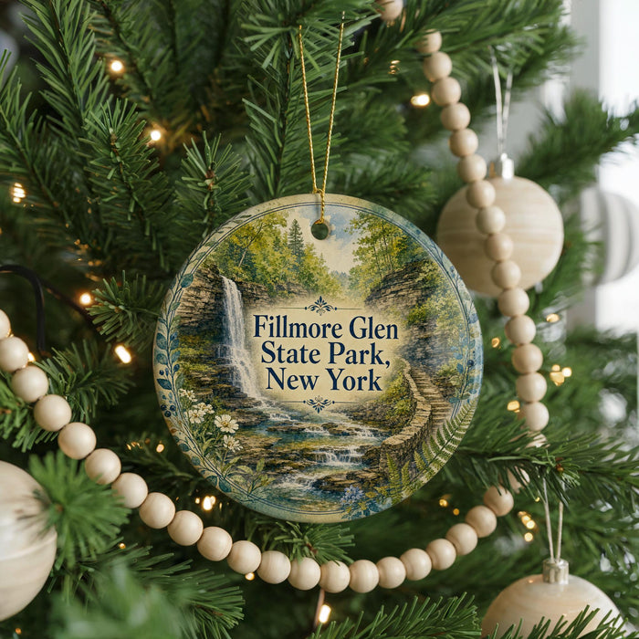 A round ornament hanging on a Christmas tree, featuring a scenic image of Fillmore Glen State Park in New York.