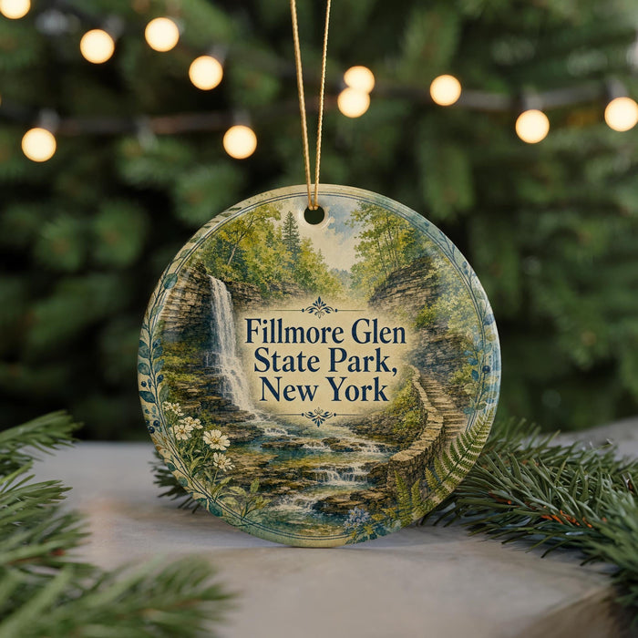A round ornament with a scenic image of Fillmore Glen State Park, New York, hanging from a string.