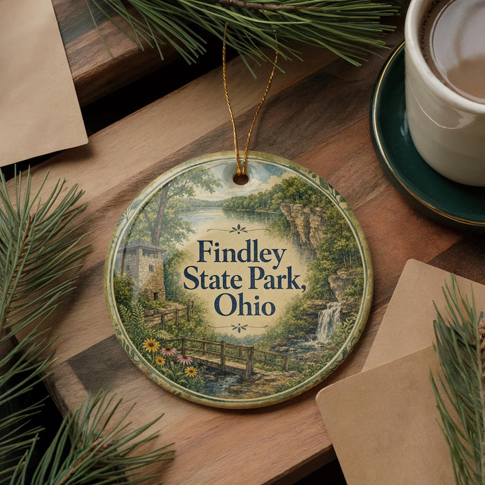 A decorative ornament with a scenic landscape of Findley State Park, Ohio, featuring a waterfall and a bridge, is displayed on a wooden surface alongside a cup of coffee and some pine branches.