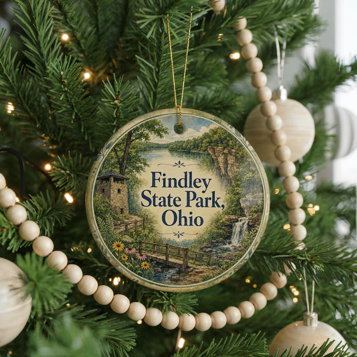 A round ornament hanging on a Christmas tree, featuring a scenic image of Findley State Park, Ohio.