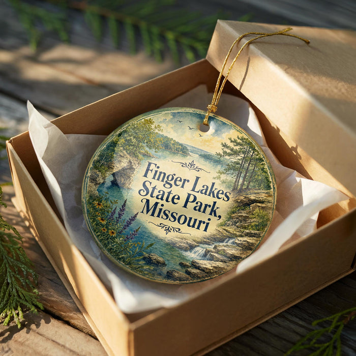 A decorative ornament in a box, featuring a scenic landscape with a waterfall and forest, with the text "Finger Lakes State Park, Missouri" printed on it.