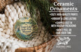 Ceramic ornaments, featuring a scenic image of Finger Lakes State Park, Missouri, hanging from a wicker basket.