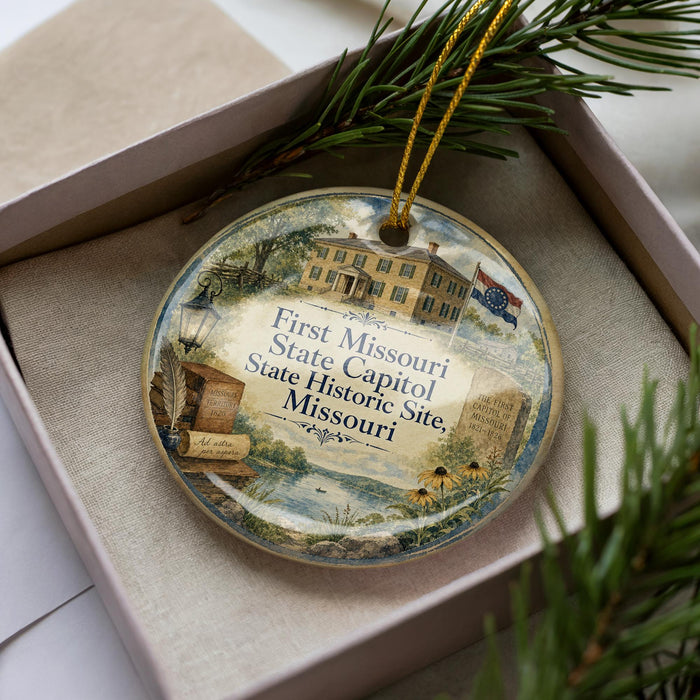 A decorative ornament with a painting of a historic building and surrounding scenery, placed in a box with pine branches.