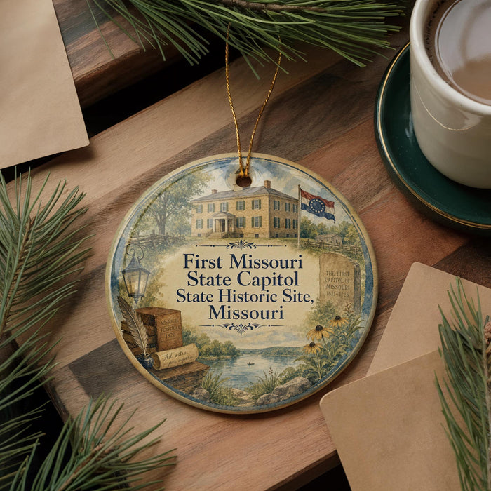 A decorative ornament featuring a painting of the Missouri State Capitol and the historic site of the State Historic Site in Missouri.