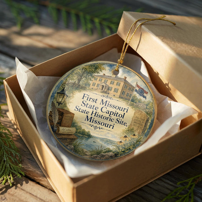 A decorative ornament in a wooden box, featuring an illustration of a historic building and surrounded by greenery.