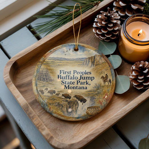 A decorative ornament with a scenic illustration of buffalo and a mountain range, along with the text "First Peoples Buffalo Jump State Park, Montana" on it, is displayed on a wooden tray.