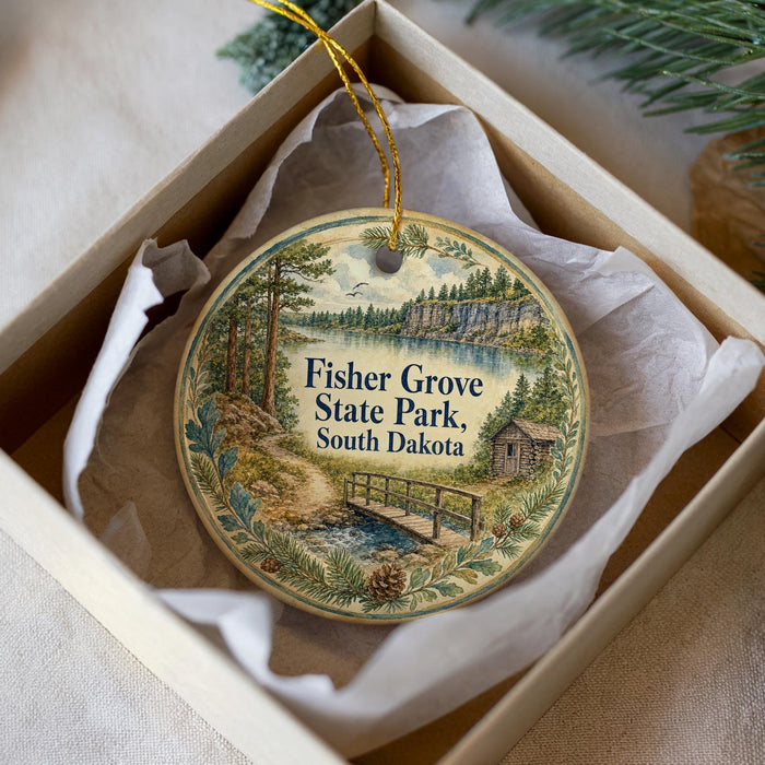 A round ornament with a scenic illustration of Fisher Grove State Park in South Dakota, featuring a bridge, pine trees, and a lake.
