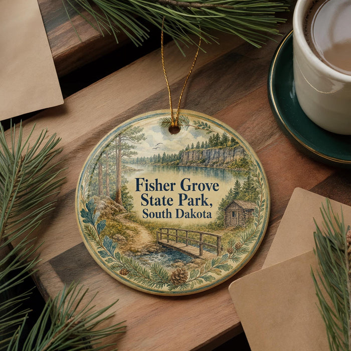 A round ornament with a scenic illustration of Fisher Grove State Park, South Dakota, hanging on a wooden surface.