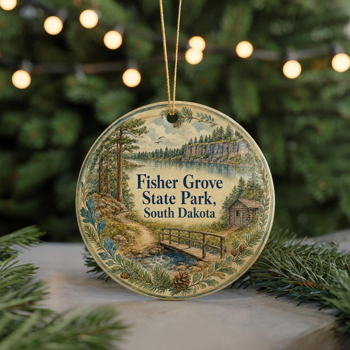 A round ornament with a scenic illustration of Fisher Grove State Park, South Dakota, hanging from a string.