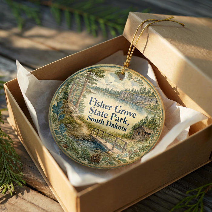 A decorative ornament in a wooden box, featuring a scenic landscape with a river, trees, and a cabin, with the text "Fisher Grove State Park, South Dakota" printed on it.