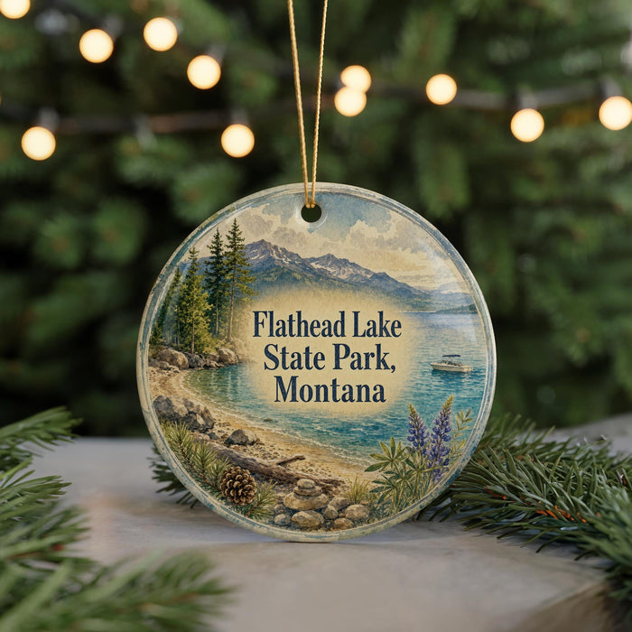 A round ornament with a scenic image of Flathead Lake State Park, Montana, featuring a lake, mountains, pine trees, and a boat on the water.