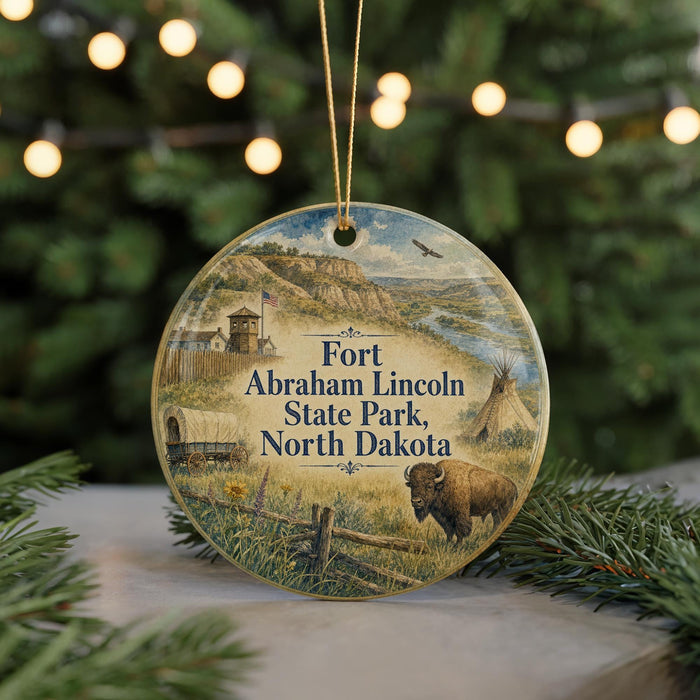 A round ornament with a picture of Fort Abraham Lincoln, State Park, and North Dakota, surrounded by pine branches and twinkling lights.