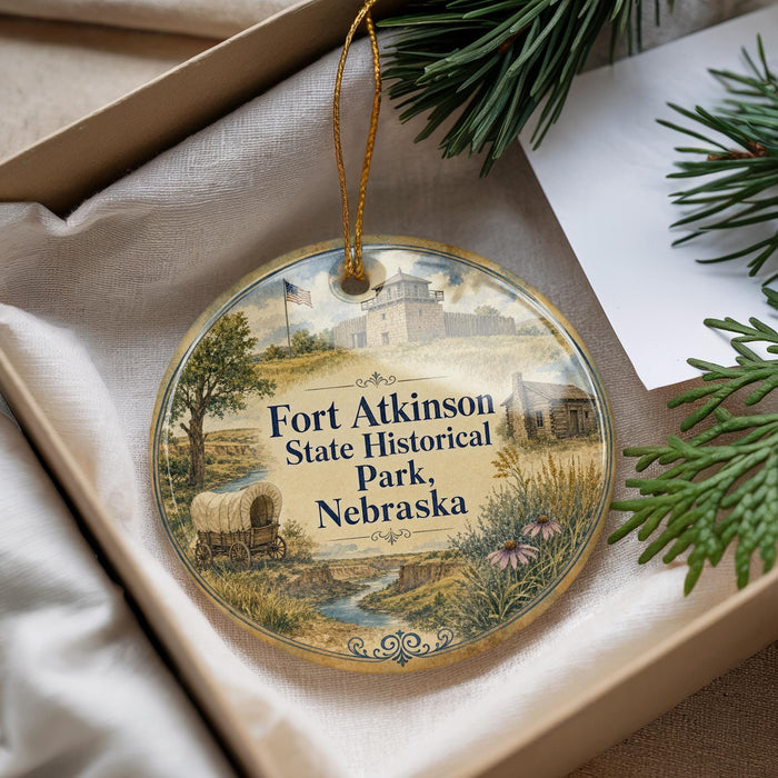 A decorative ornament with a picture of Fort Atkinson State Historical Park in Nebraska, featuring a wagon and a building, is displayed in a box with pine branches.