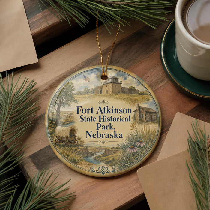 A round ornament with a picture of Fort Atkinson State Historical Park in Nebraska, featuring a wagon and a building, is displayed on a wooden surface alongside a cup of coffee and some pine branches.