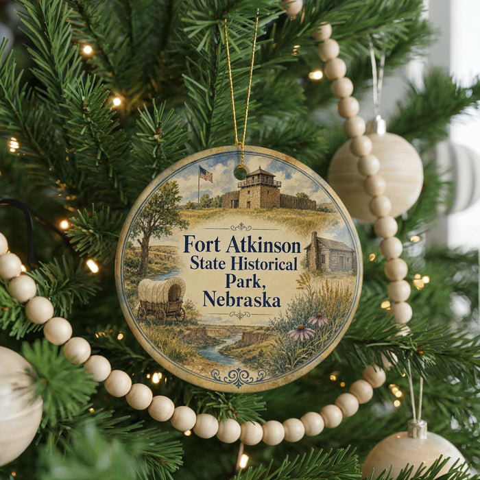 A round ornament hanging on a Christmas tree, featuring an illustration of Fort Atkinson State Historical Park in Nebraska.