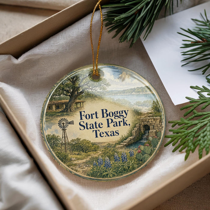 A round ornament with a scenic landscape of Fort Bogy State Park, Texas, featuring a windmill, a river, and a small bridge.