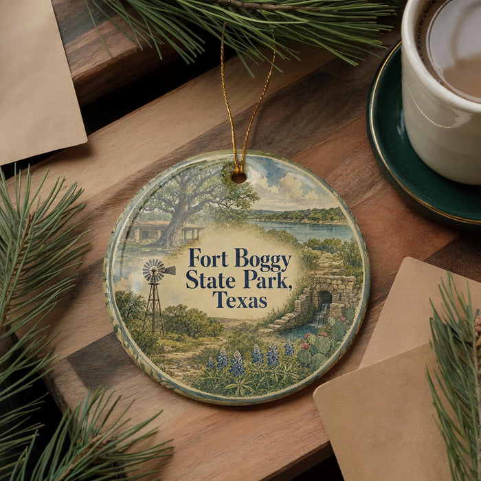 A round ornament with a scenic illustration of Fort Bogy State Park, Texas, hanging on a wooden surface.