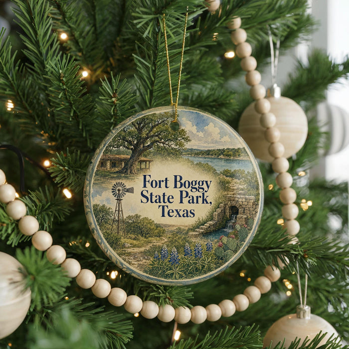 A round ornament hanging on a Christmas tree, featuring a scenic landscape with a windmill and a river.