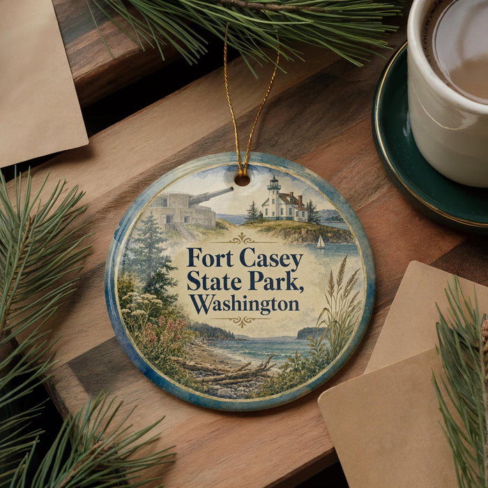 A round ornament with a painting of Fort Casey State Park in Washington, surrounded by pine branches and a cup of coffee on a wooden surface.