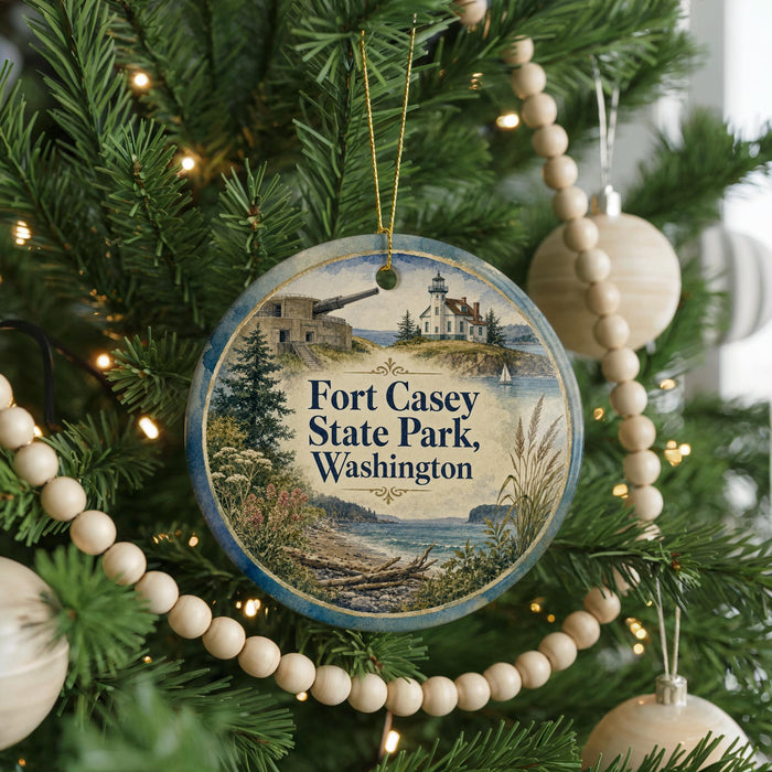 A round ornament hanging on a Christmas tree, featuring a scenic image of Fort Casey State Park in Washington.