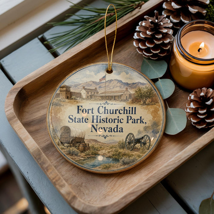 A wooden tray with a decorative ornament featuring an illustration of Fort Churchill State Historic Park, Nevada, and pine cones.