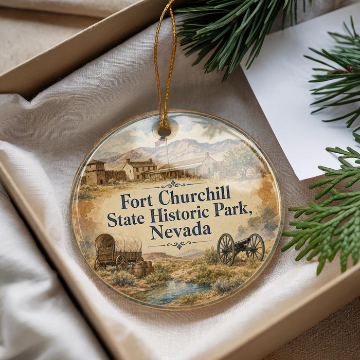 A round ornament with a picture of Fort Churchill State Historic Park, Nevada, hanging from a string.