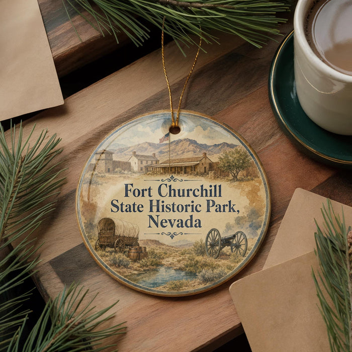 A round ornament with a picture of Fort Churchill, a historic park in Nevada, is displayed on a wooden surface alongside a cup of coffee and some pine branches.
