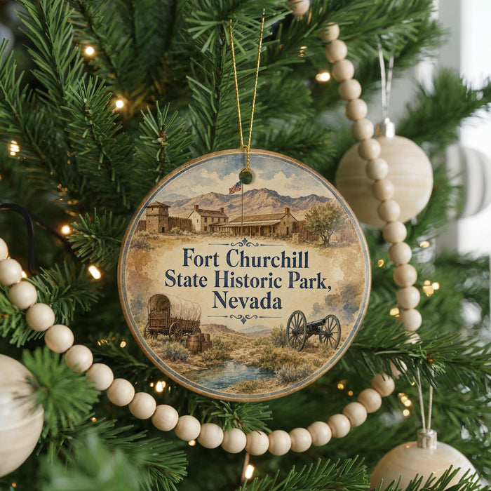 A round ornament hanging on a Christmas tree, featuring an illustration of Fort Churchill State Historic Park, Nevada.