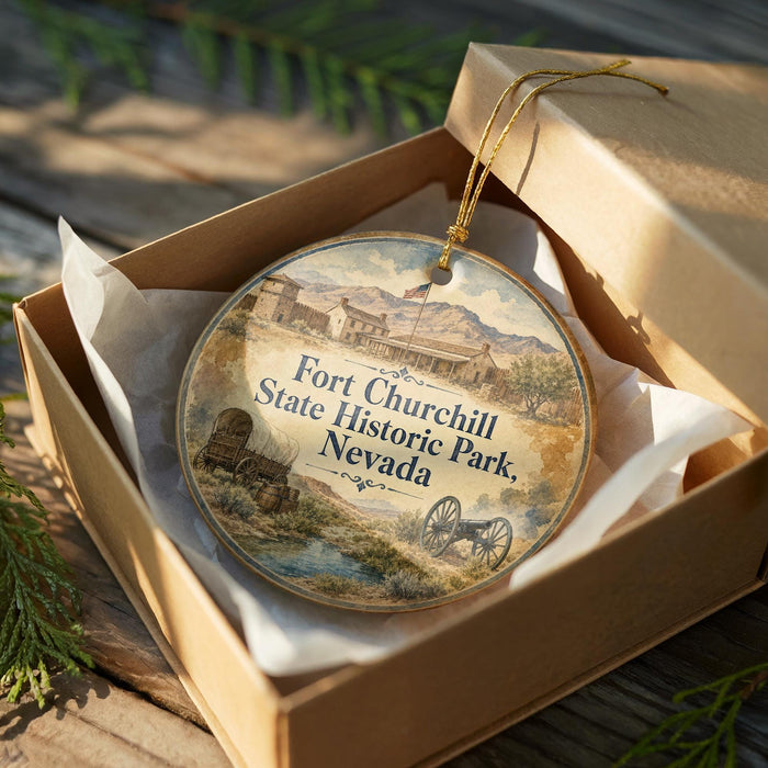 A round ornament in a box, featuring an illustration of Fort Churchill State Historic Park, Nevada.