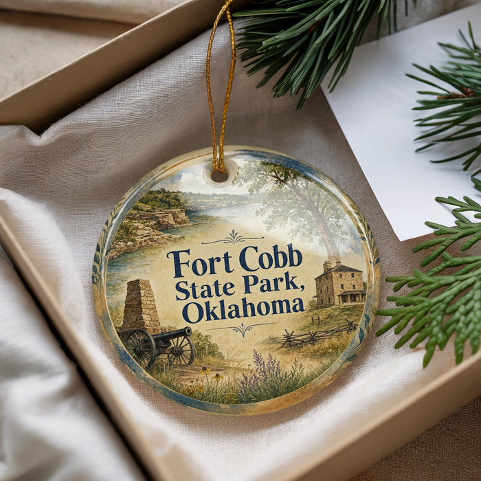 A round ornament with a scenic image of Fort Cobb State Park, Oklahoma, hanging from a string.