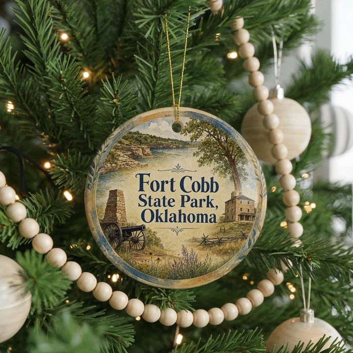 A round ornament on a Christmas tree, featuring a scenic image of Fort Cobb State Park, Oklahoma.
