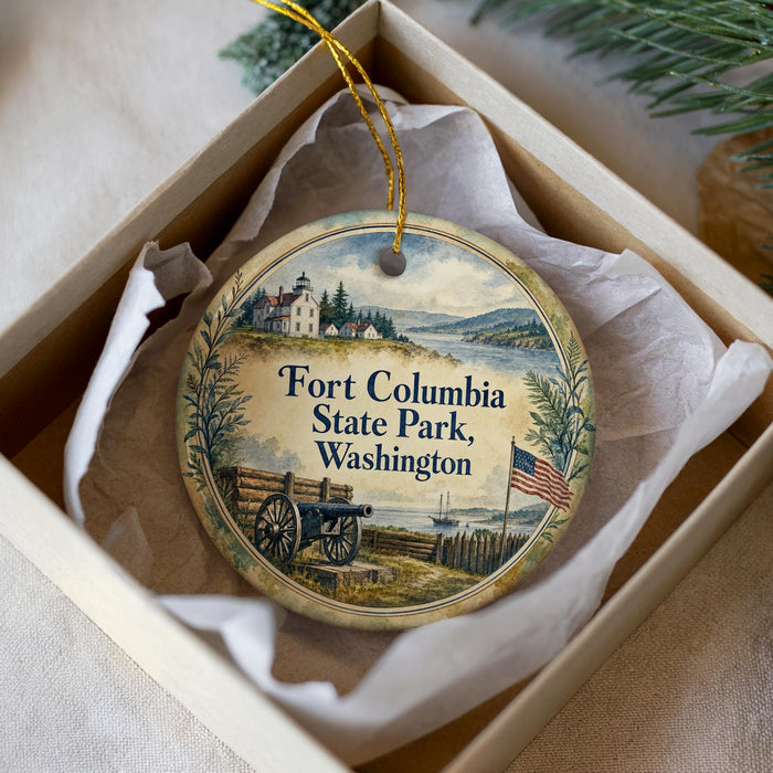 A round ornament with a painting of Fort Columbia State Park, Washington, displayed in a box with a white tissue paper lining.