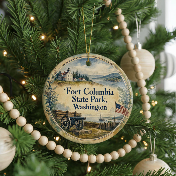 A round ornament hanging on a Christmas tree, featuring a scenic image of Fort Columbia State Park in Washington.