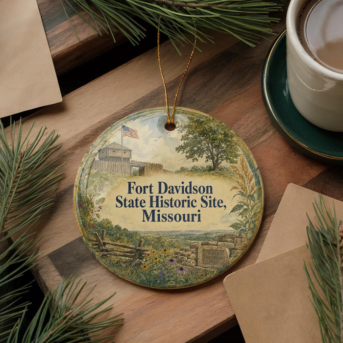 A decorative ornament with a painting of Fort Davidson State Historic Site in Missouri, featuring a building, trees, and a flag, is displayed on a wooden surface alongside a cup of coffee and some papers.